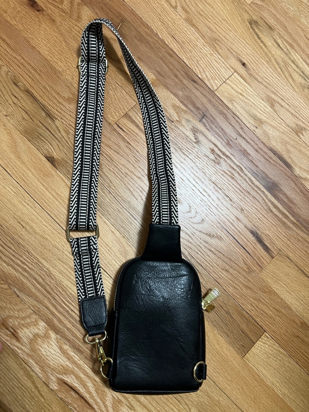 Black Crossbody Phone Bag with Patterned Strap - Picture 2 of 2